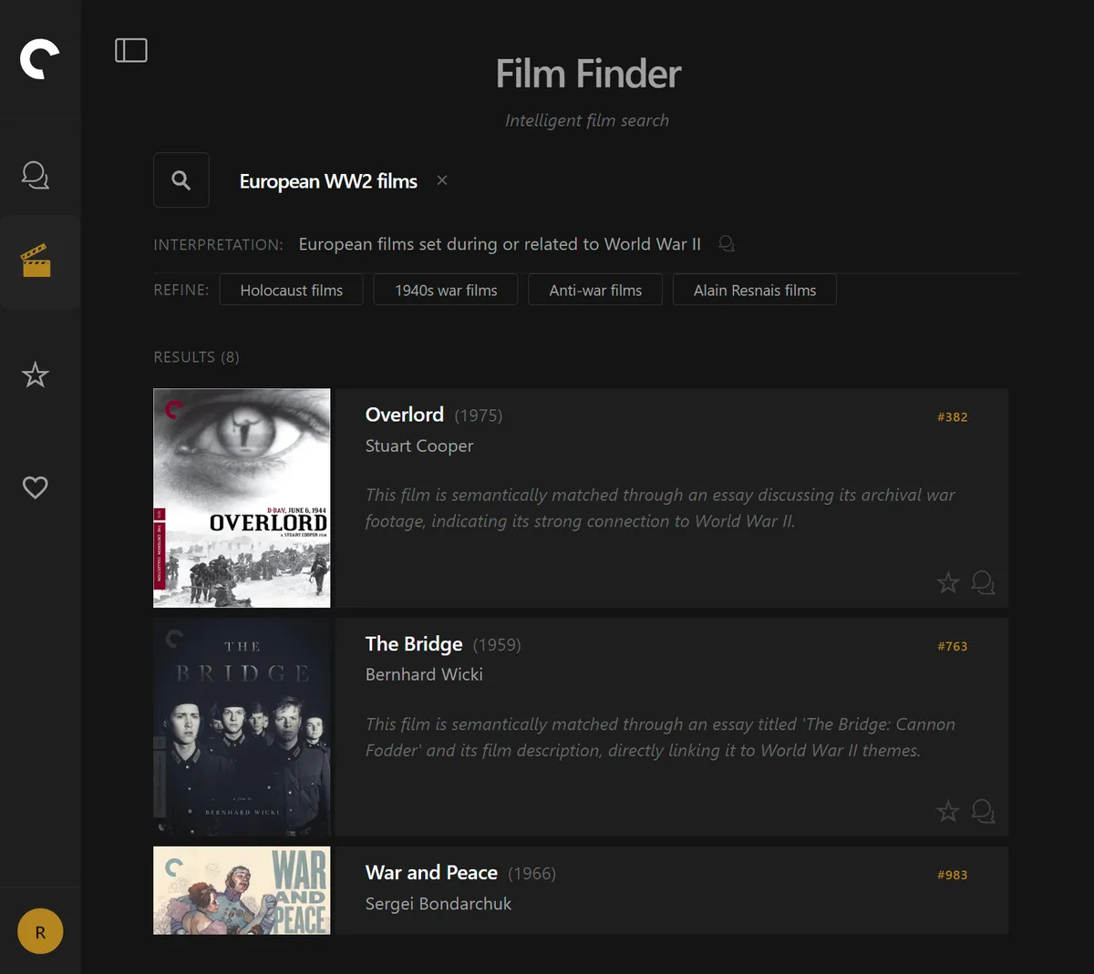 Film Finder search results for European WW2 films with interpretation and refinement chips